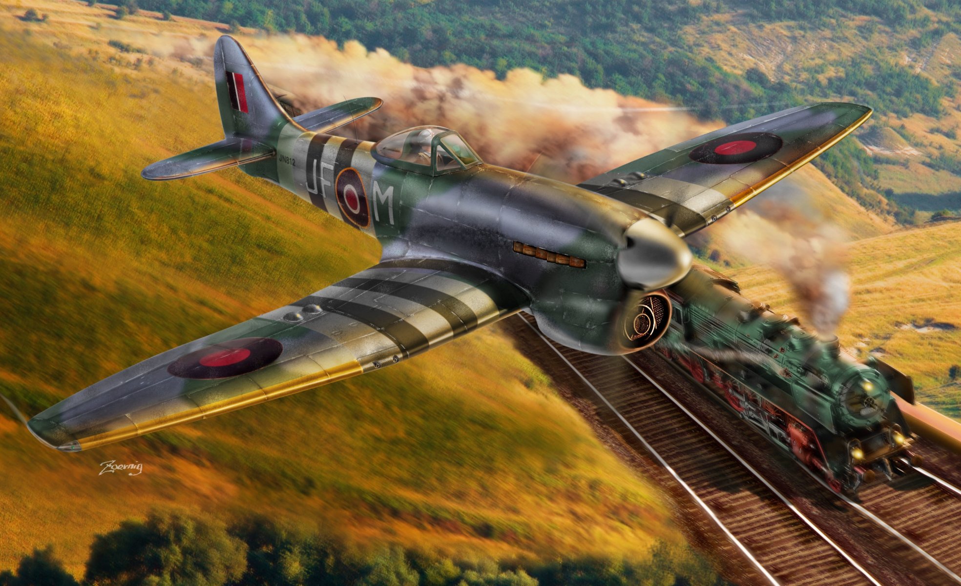 kunst flugzeug hawker taifun v . hawker typhoon . britisch einzel kämpfer bomber eins der am meisten mächtig kämpfer weltkrieg in himmel zug rast durch schienen ww2