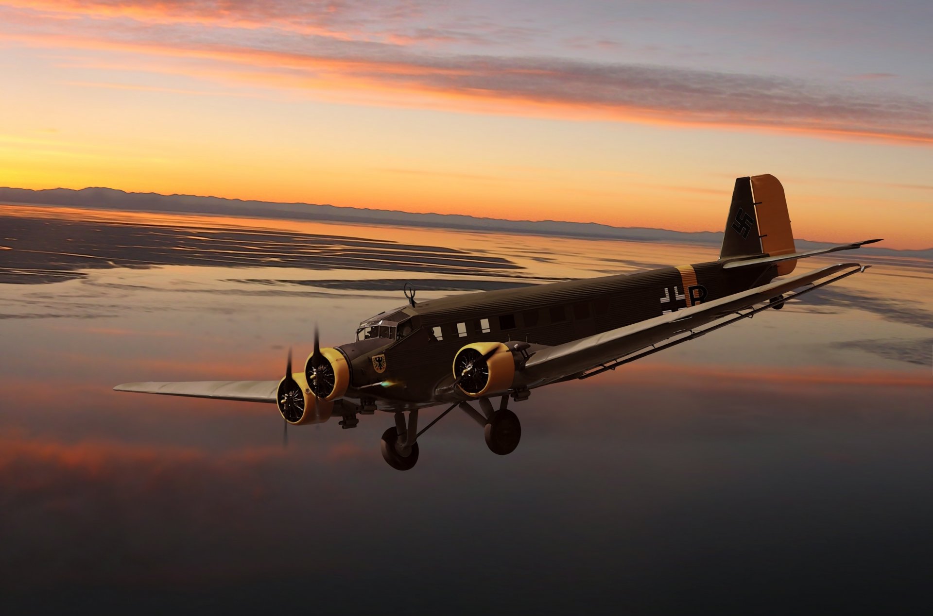 art sky junkers ju 52 junkers ju.52 niemiecki trzy silnik pasażerski i wojskowy samolot transportowy ziemia woda zatoka ww2 rysunek