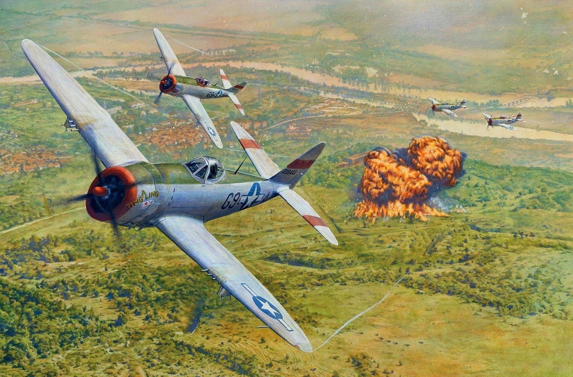 kunst himmel ripablik p-47 thunderbolt republic p-47 thunderbolt amerikanisch kampfflugzeuge angriff ziel bombardierung explosionen feuer ww2 zeichnung