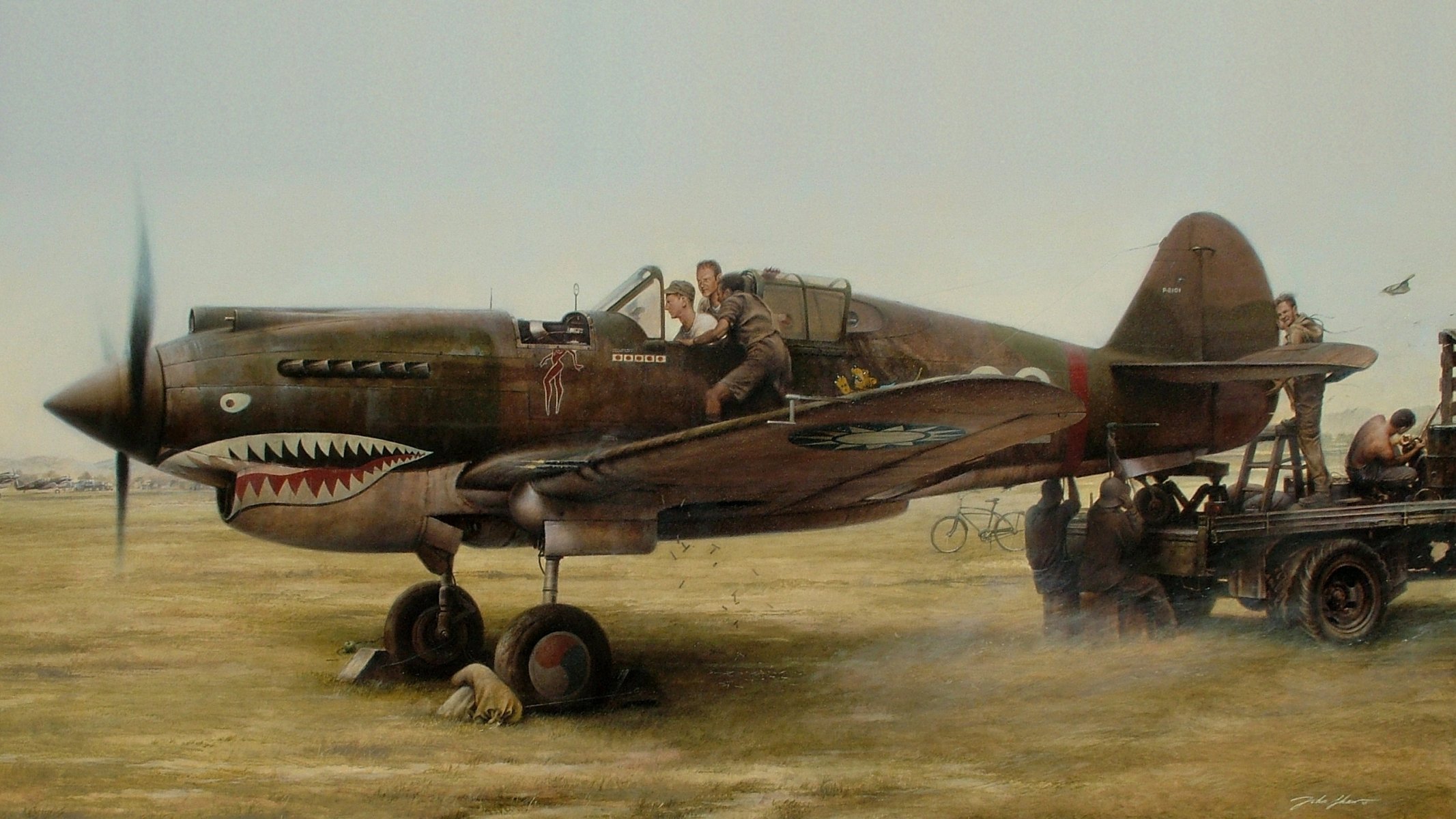 kunst flugplatz curtis p-40 curtiss p-40 tomahawk us-kampfflugzeug reparatur wartungspersonal fledermaus ww2 zeichnung