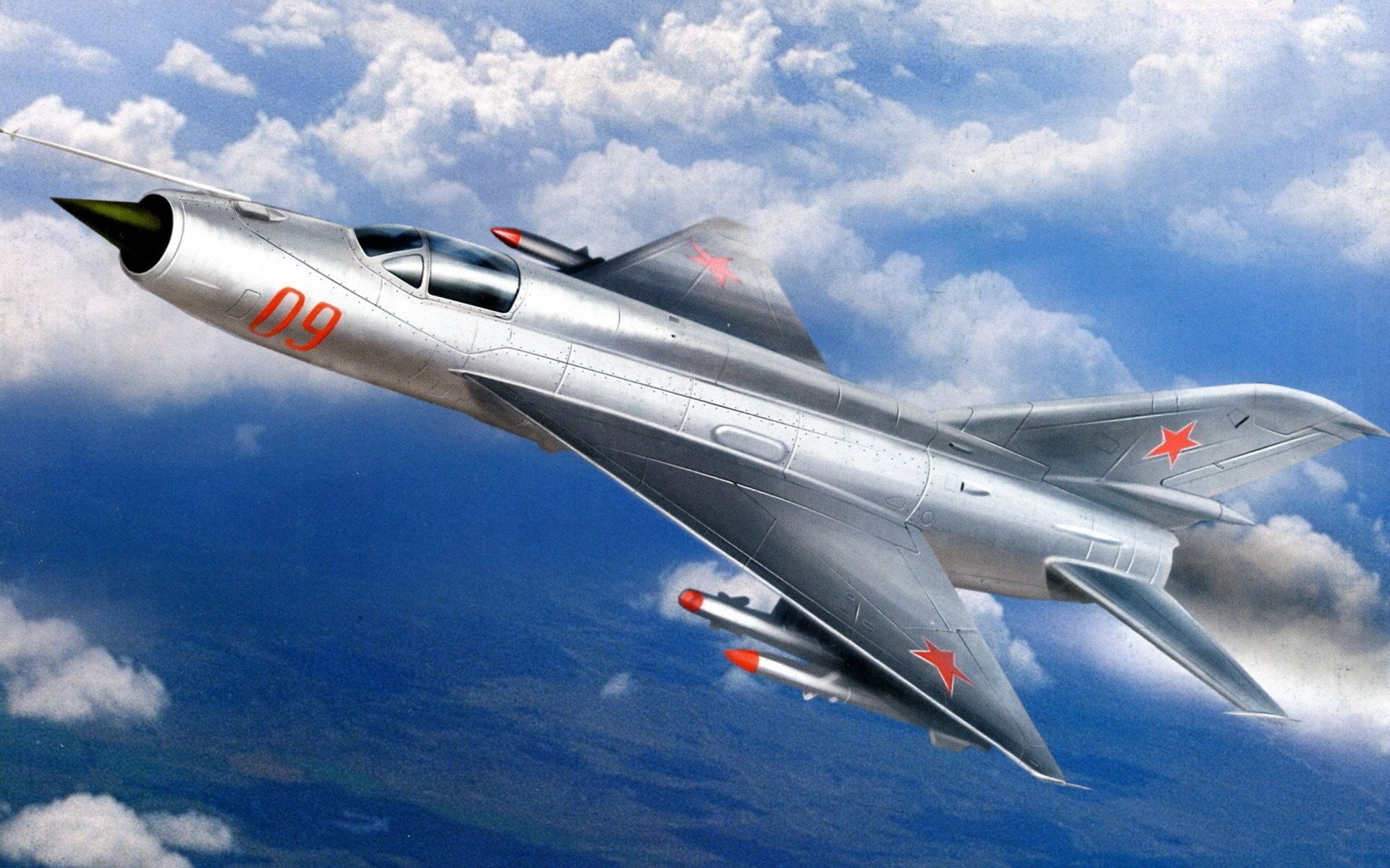 art niebo chmury mig-21 wyrób e-5 samolot i-500 według kodyfikacji nato : fishbed radziecki wielozadaniowy myśliwiec opracowany przez okb mikojana i gurewicza w połowie lat pięćdziesiątych . mig-21 stał się pierwszym kb mig z trójkątnym skrzydłem