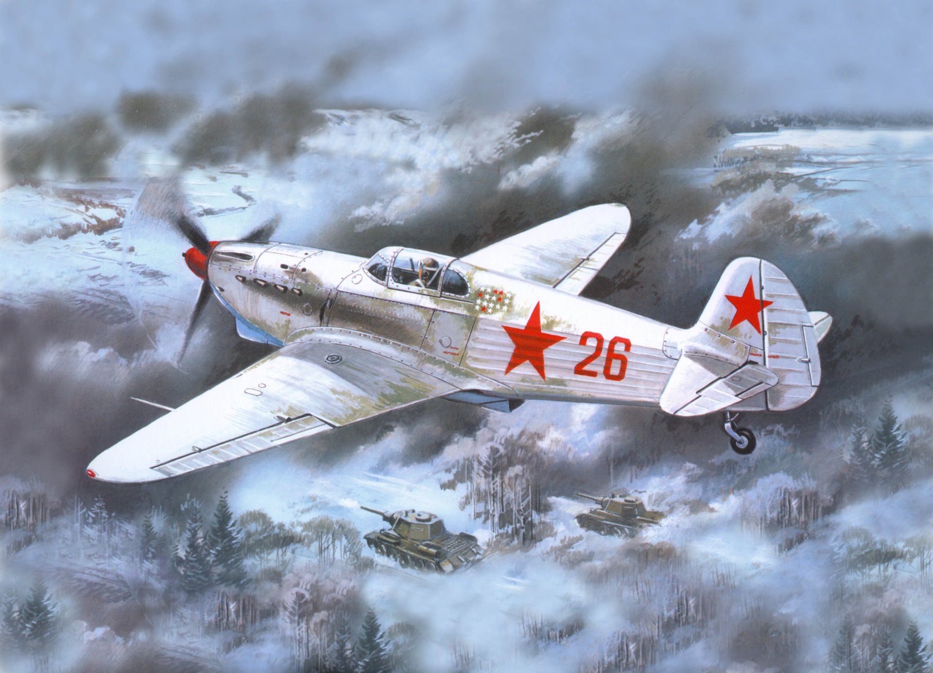 cielo yak-3 soviet monomotore combattente terra carri armati fumo grande guerra patriottica disegno