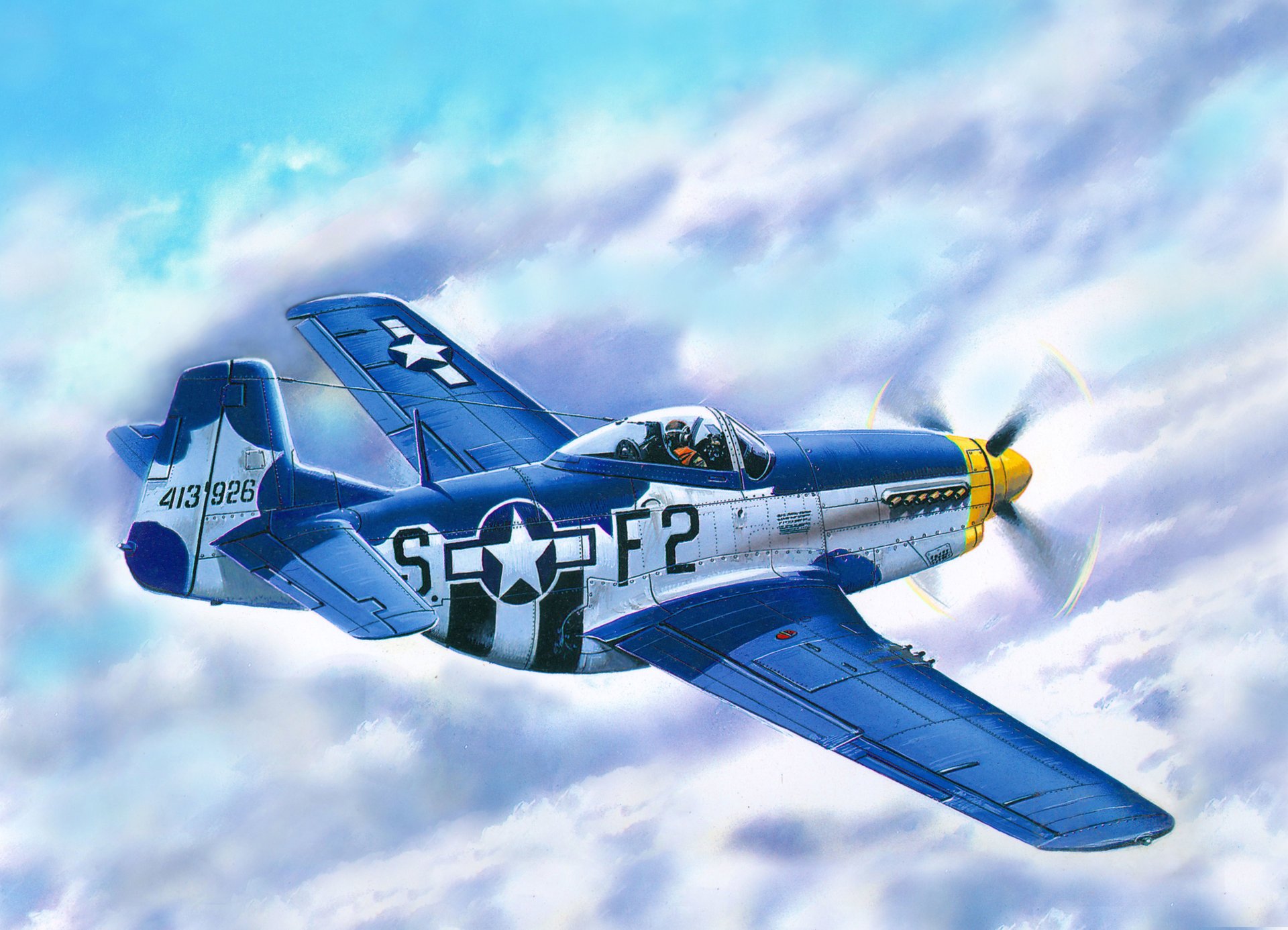 art p-51d-15 mustang américain unique combattant longue portée portée action période seconde guerre mondiale nuages dessin