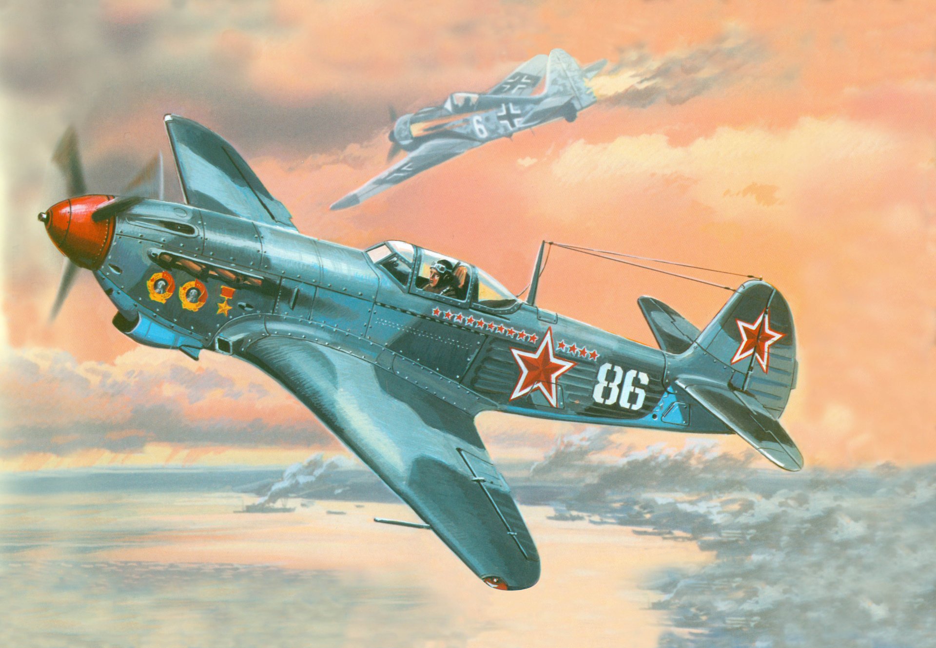 art yak-9 soviet fighter and shot down german focke-wulf fw 190 bay the port ships smoke the great patriotic war picture