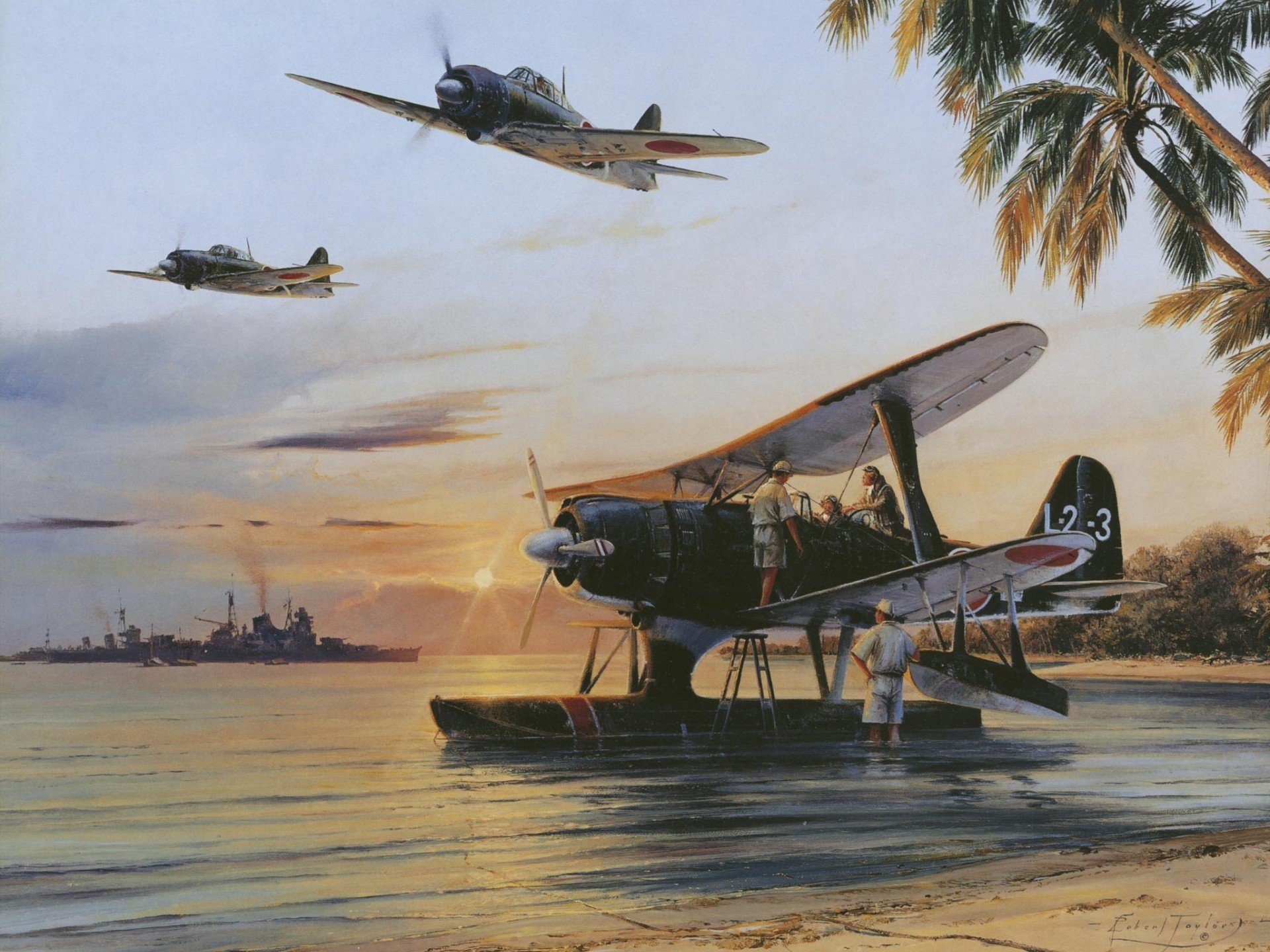 art water beach palm japanese navy ship sky sun ww2