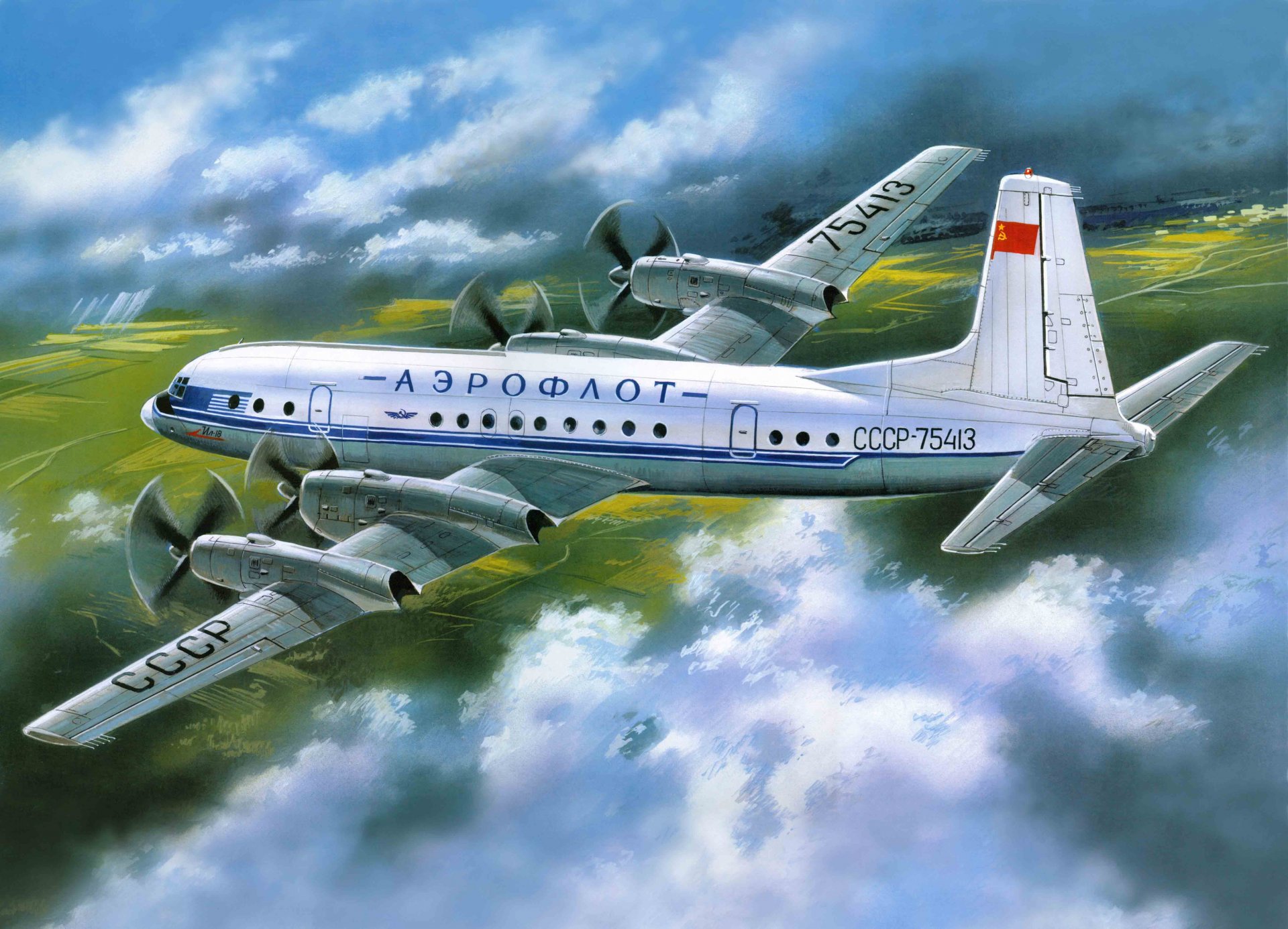 art aircraft il-18 ilyushin aeroflot passenger for medium-length airlines made according to the scheme four-engine turboprop low-wing with single-tail tail ussr