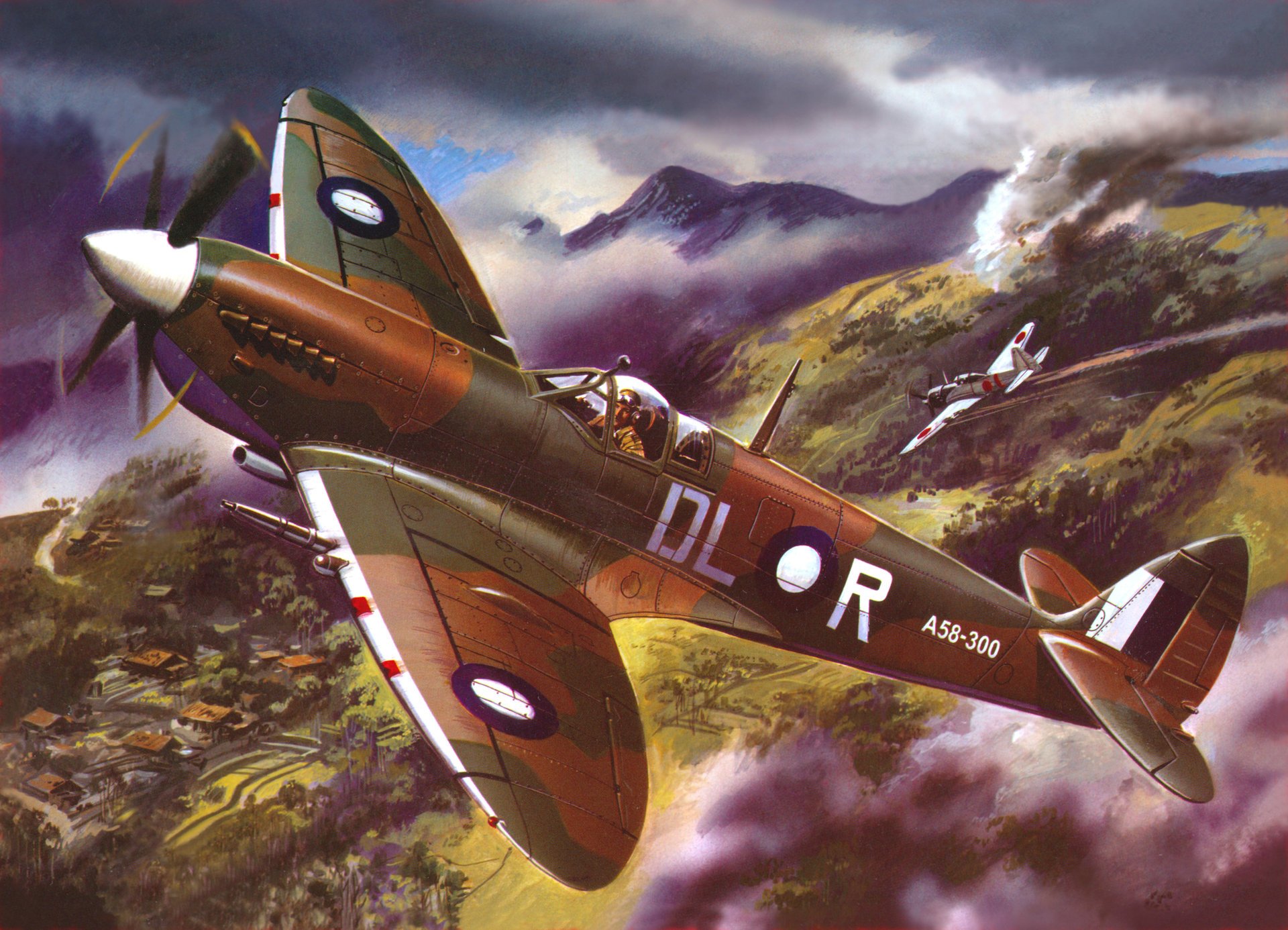 kunst himmel spitfire-8 englisch kämpfer abgestoßen japanisch flugzeug berge vegetation häuser zweiter weltkrieg zeichnung