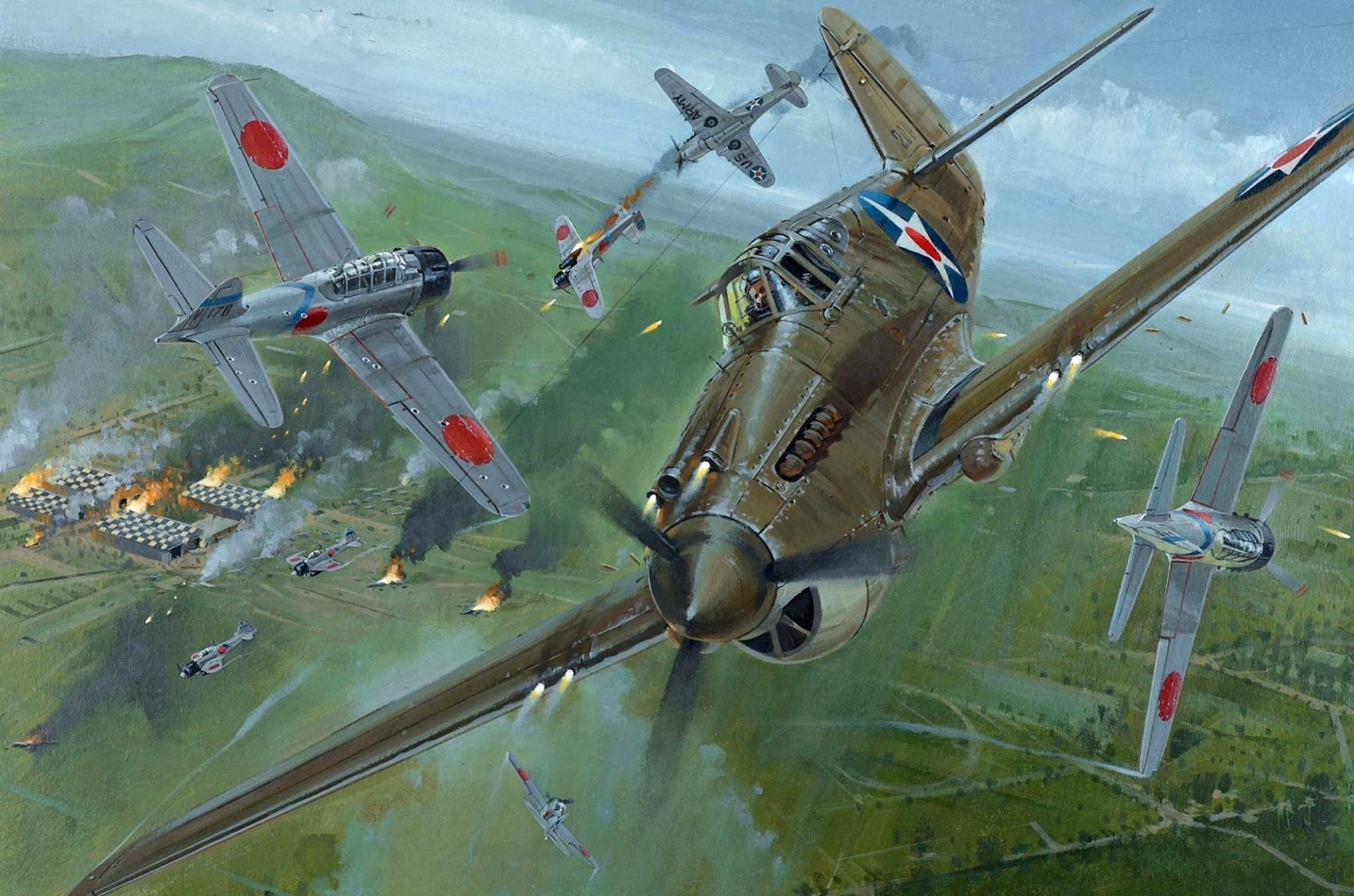 arte guerra cielo americano japonés aéreo combate disparos giros tierra aeródromo quema hangares fuego humo ww2 dibujo