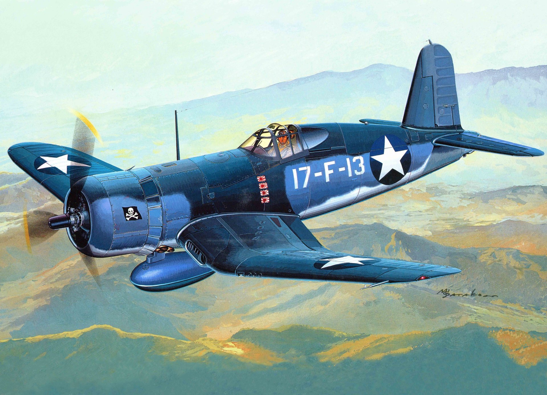 art samolot amercan deck fighter f4u klatka dla ptaków corsairs zadebiutował w bitwie w lutym 1943 na wyspie guadalcanal w składzie us navy marine squadron ww2