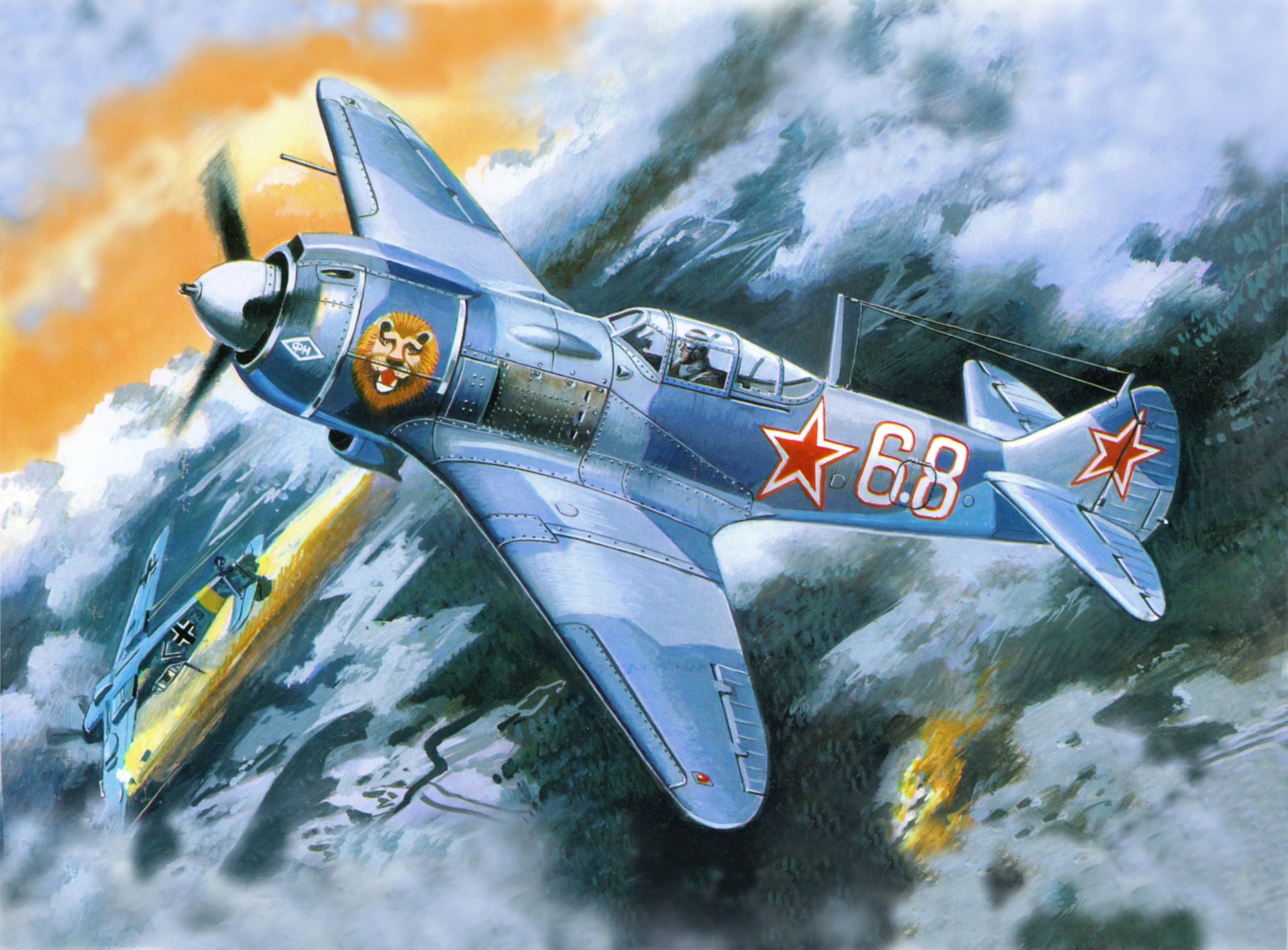 arte cielo combattimento aereo caccia sovietico la-5fn tedesco messerschmitbf-109 fuoco fumo terra seconda guerra mondiale figura