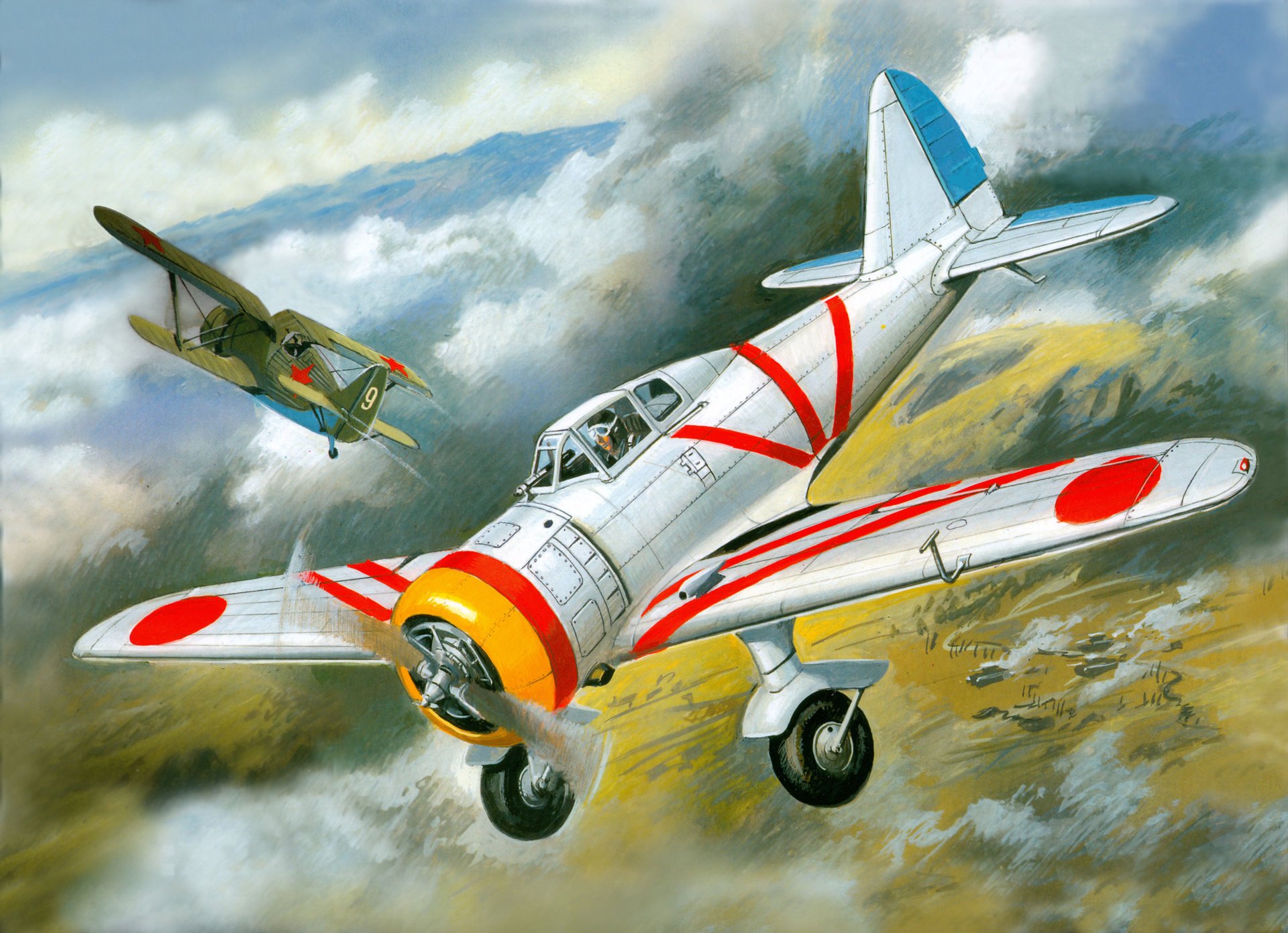 arte cielo istebiteli japonés gi-27 i soviético i-153 aéreo batalla khalkhin-gol dibujo