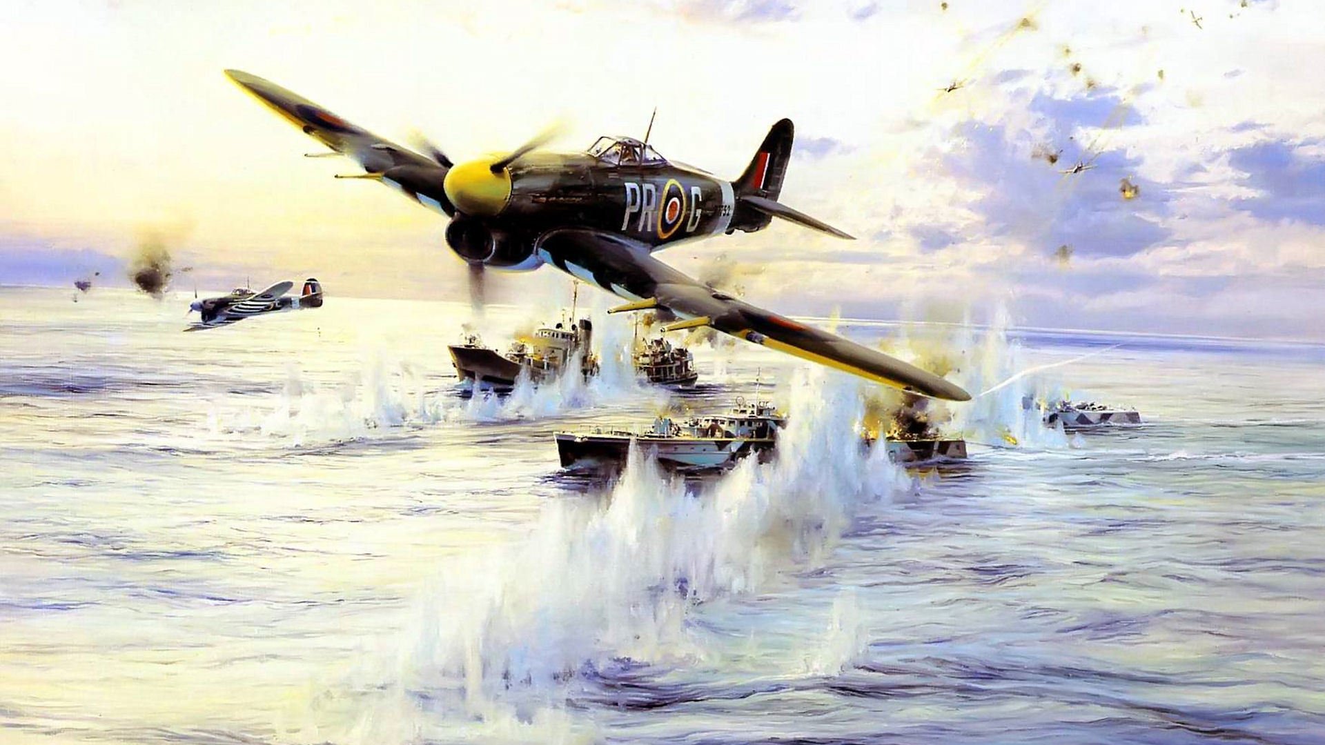 robert taylor hawker typhoon chasseur-bombardier royal air force attaque torpilleurs mer navires raid bombardement explosion art dessin