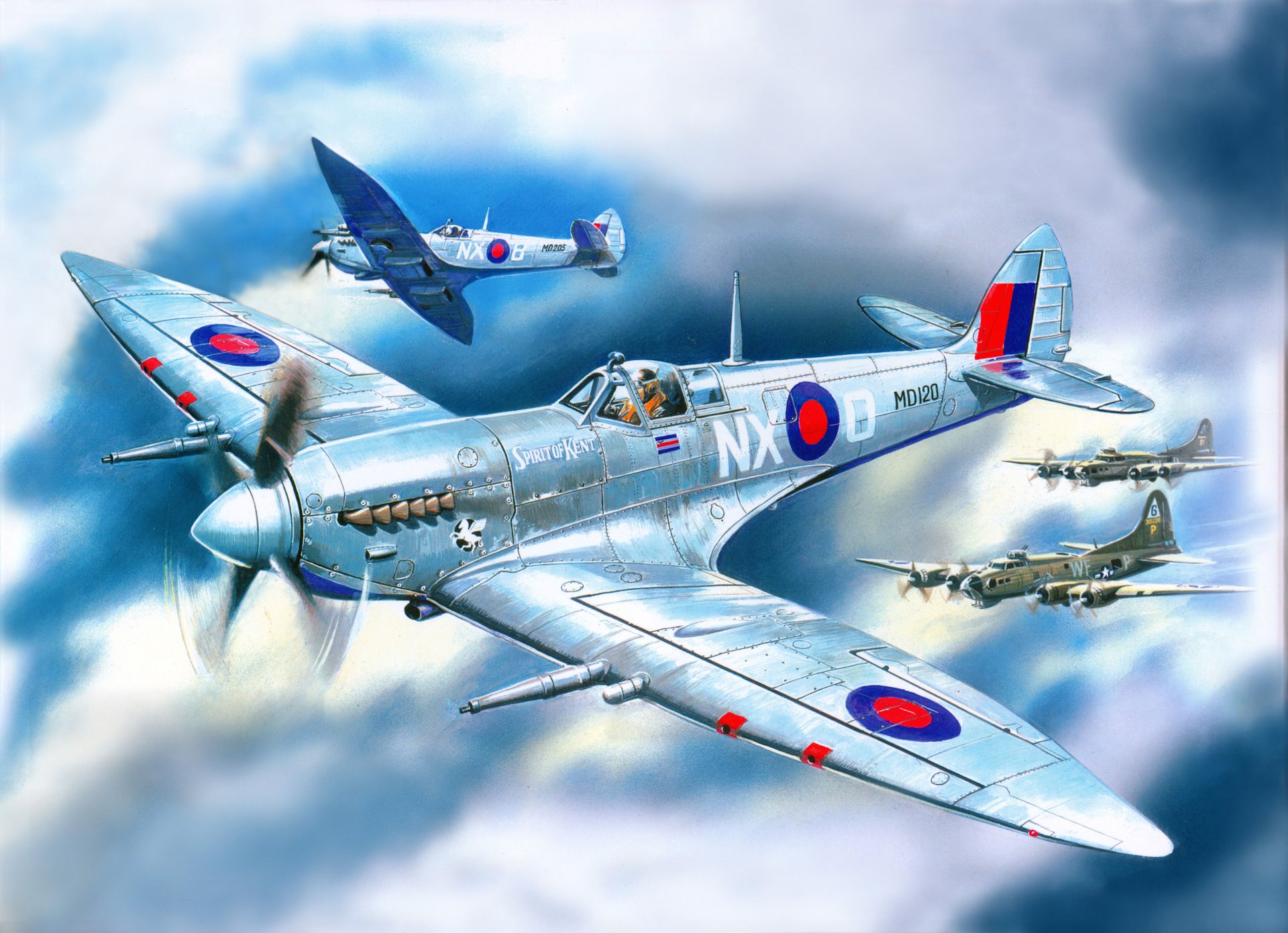 art sky spitfire mk.7 english fighters b-17 us four-engine bombers support clouds ww2 picture