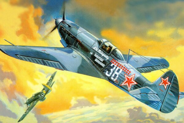 Art of the Soviet Yak-9T fighter on the background of yellow clouds