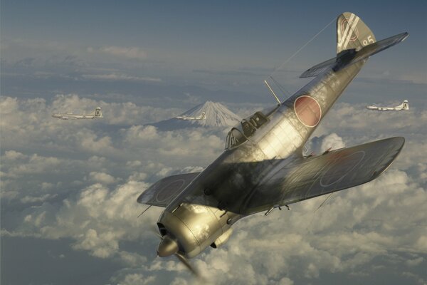 Das Flugzeug gi-84 fliegt in den Himmel über den Wolken