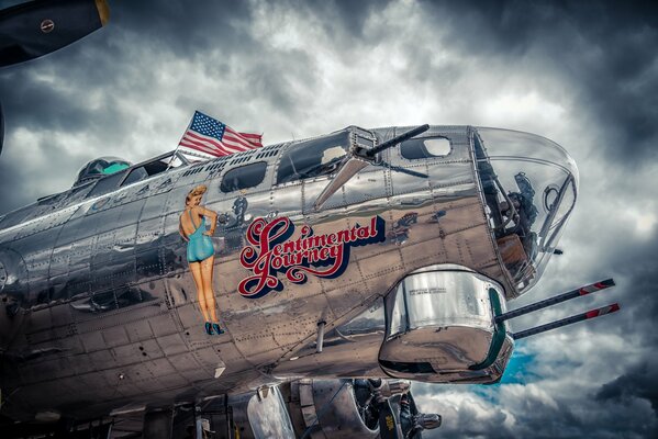 Airplane fuselage picture of a girl on the side of the fuselage