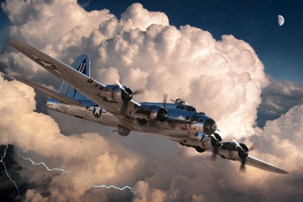 Drawing of a bomber plane flying through the clouds