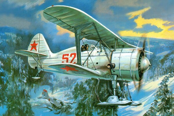 Soviet single-engine fighter on skis landing in the winter forest