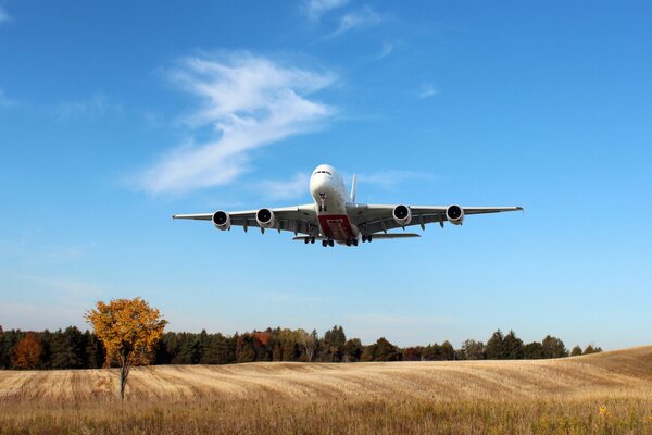 Atterraggio di un aereo passeggeri sopra il campo