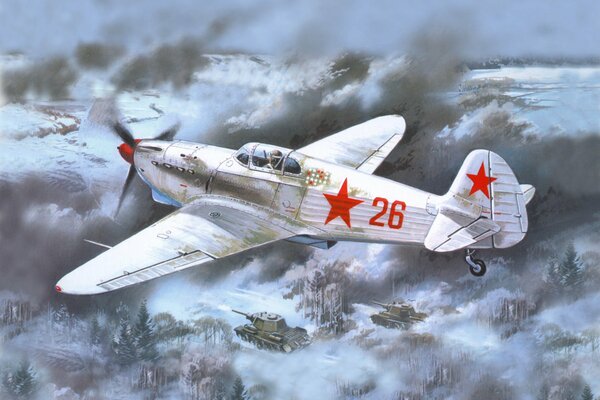 A Soviet fighter jet flies over tanks in winter during the Great Patriotic War