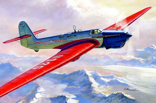 Drawing of the Soviet ANT-25 single-engine aircraft in the sky