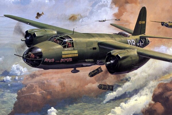 Drawing of a military plane dropping bombs