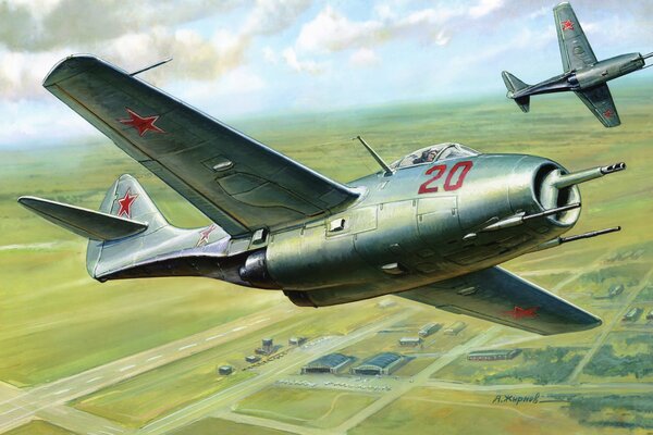 Art of the first single-seat Soviet mig-9 fighter