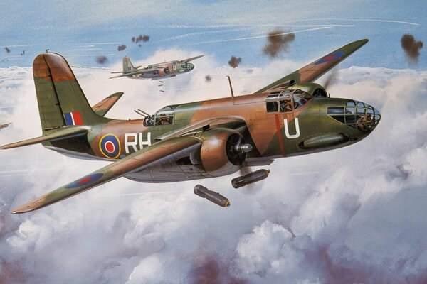 Drawing of light bombers dropping shells