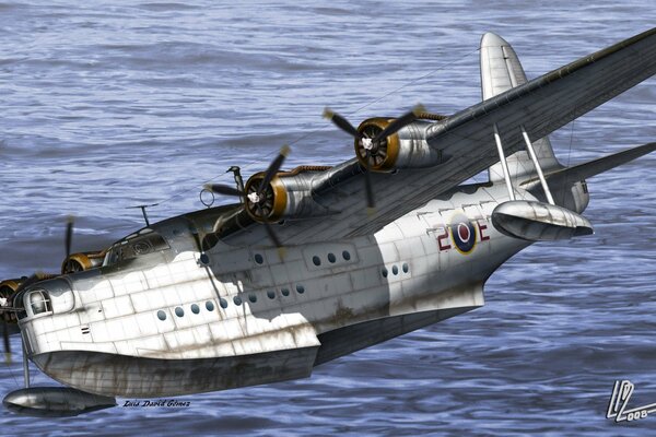 WW2 short seaplane art in flight over the ocean