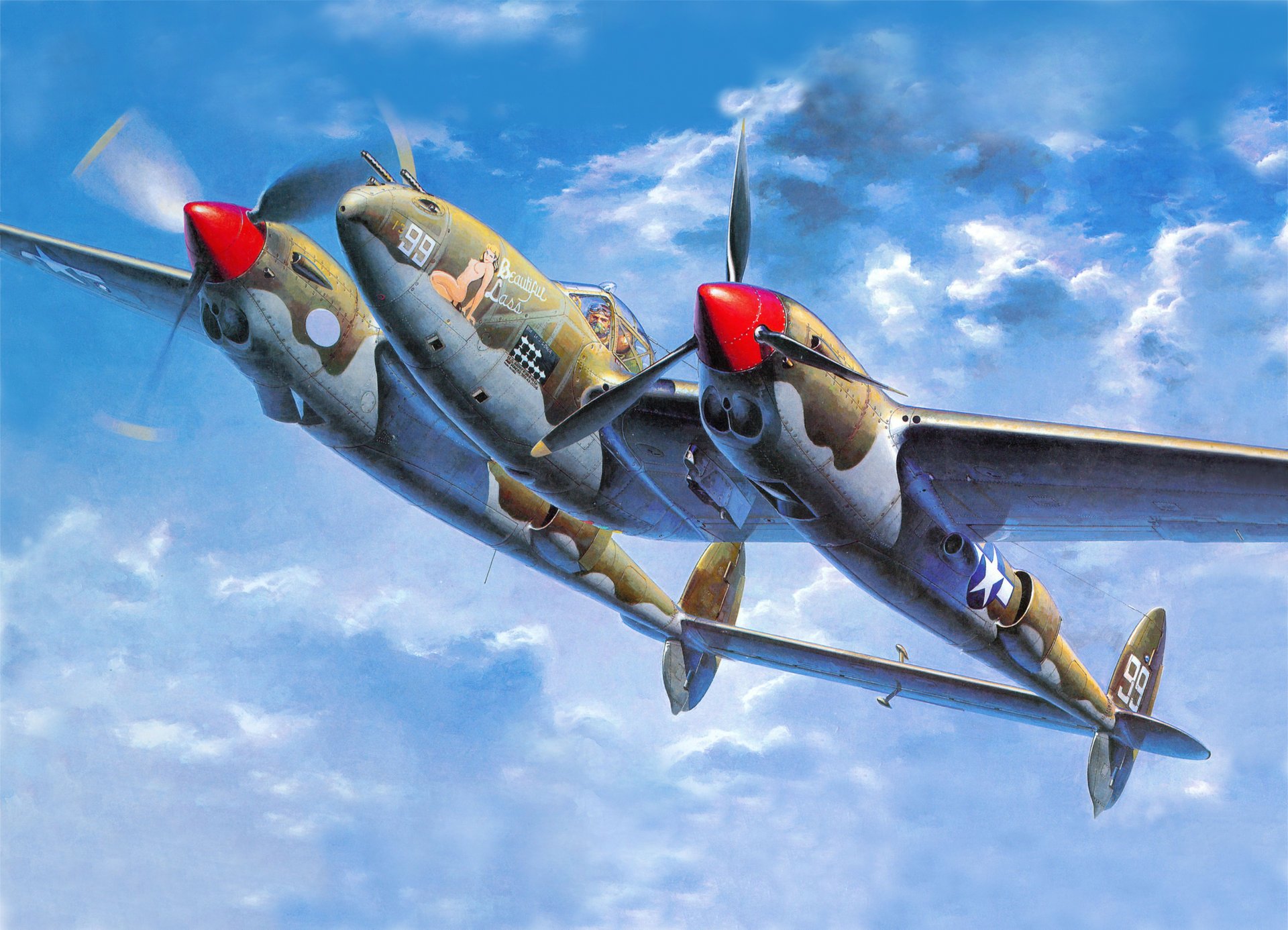 figura degli stati uniti heavy fighter aereo da ricognizione lockheed r-38 fulmine r-38j fulmine usaf air force aumento di arresto del motore al volo