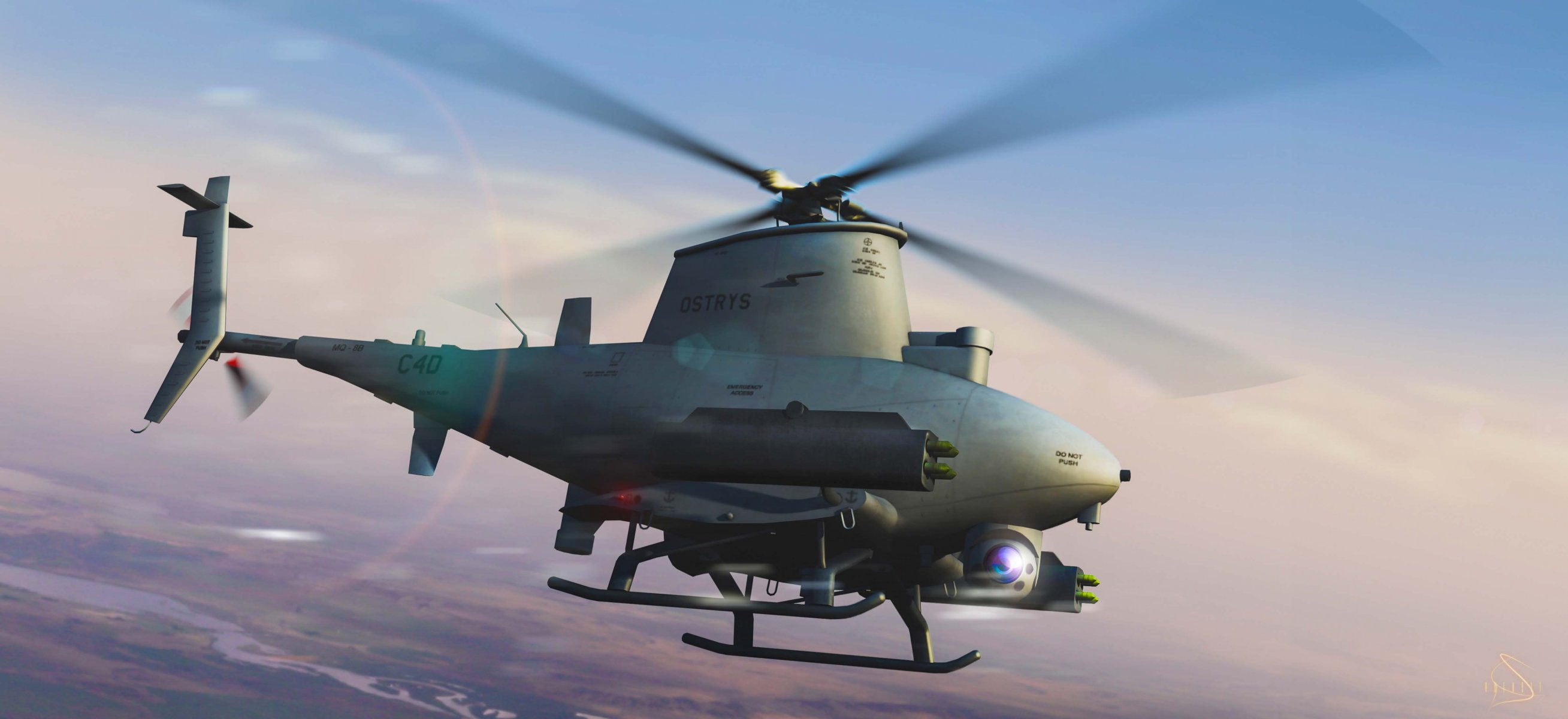 helicóptero uav en coloquialmente nombre drone drone mq-8b diseñado empresa northrop grumman puede detectar objetivos y golpear ellos fuego a bordo armas uso para reconocimiento comunicación derrota punto objetivos bajo pilones instalado bloques proyectil