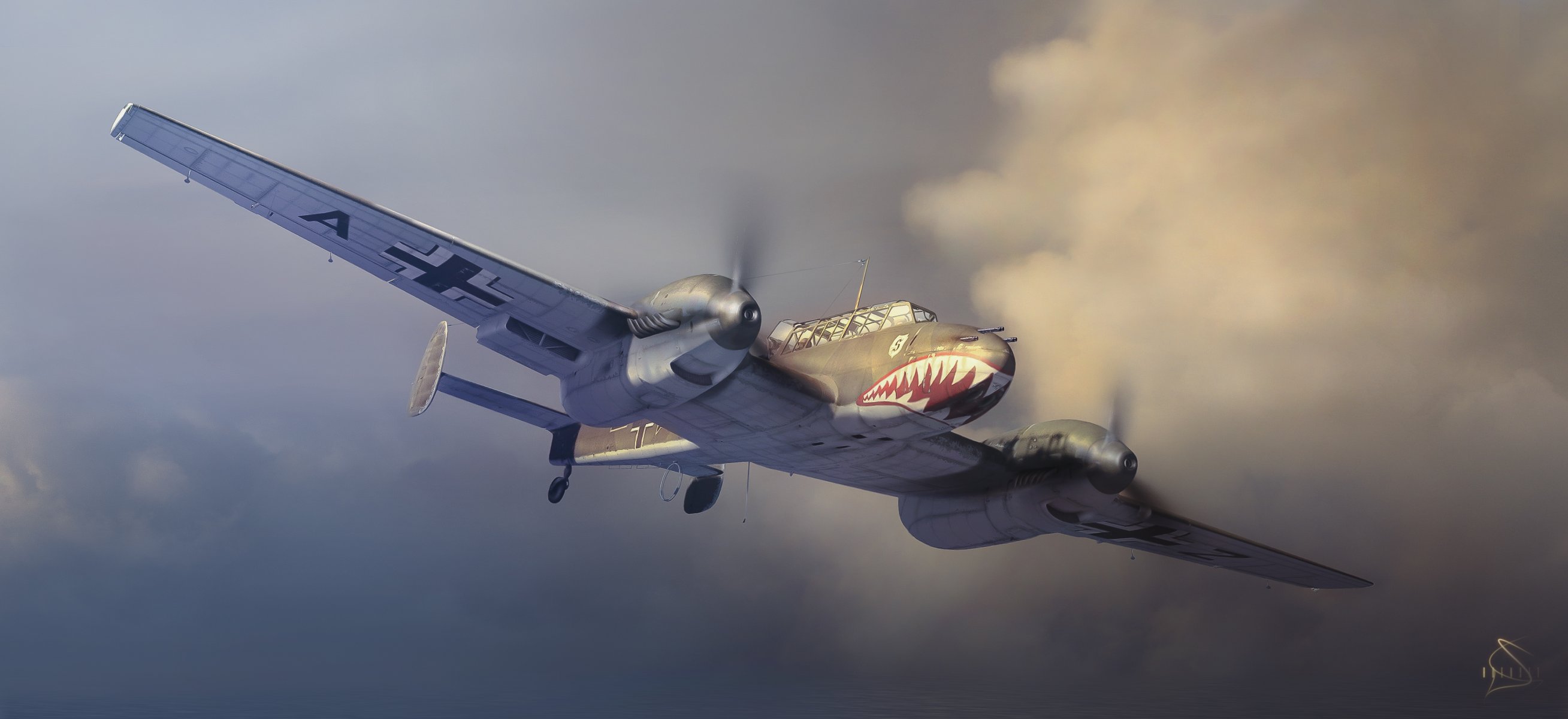 kunst messerschmitt bf 110 flugzeug retro am himmel fliegen grinsen zeichnung rachen