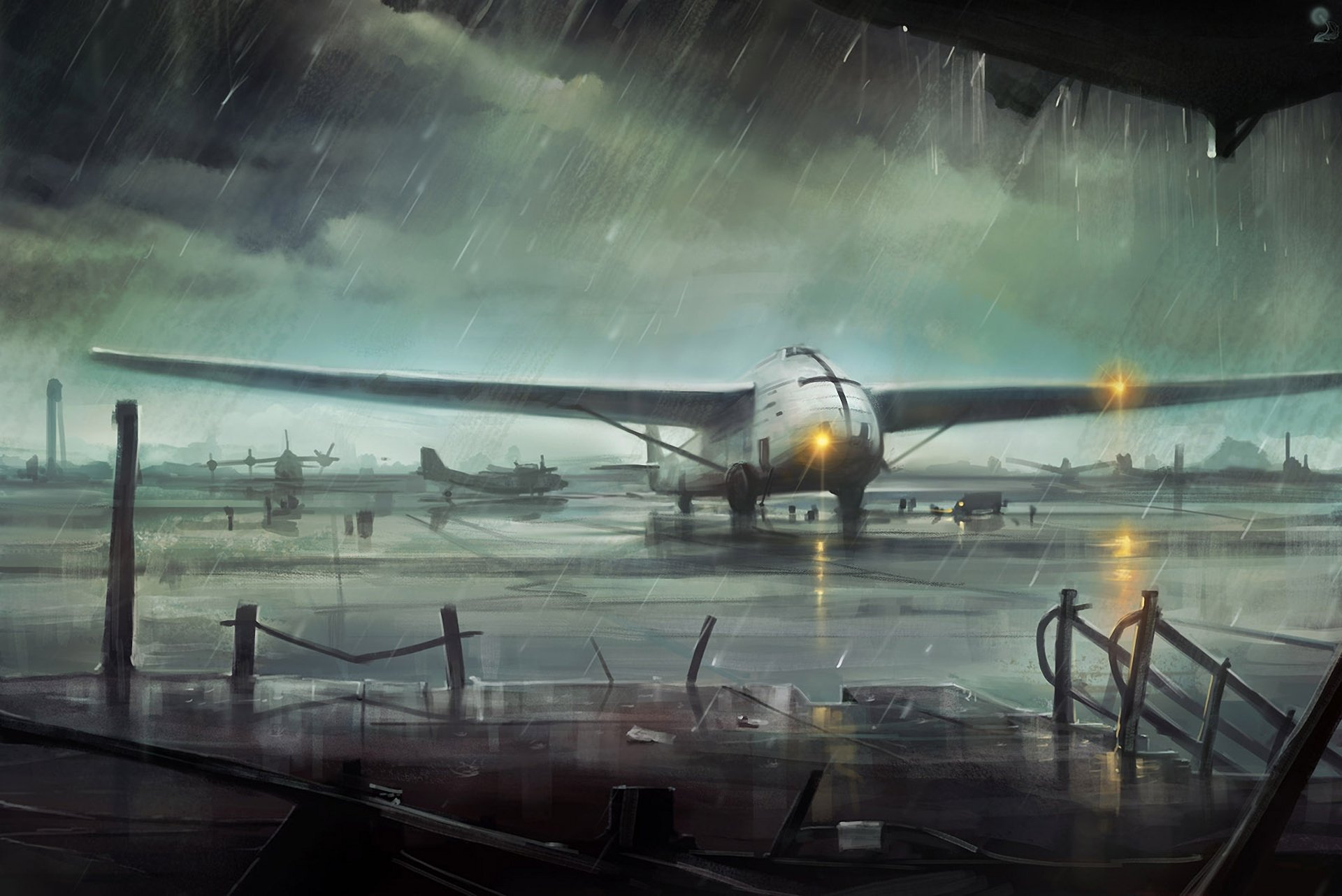 art plane rain debris airport lights cloudy