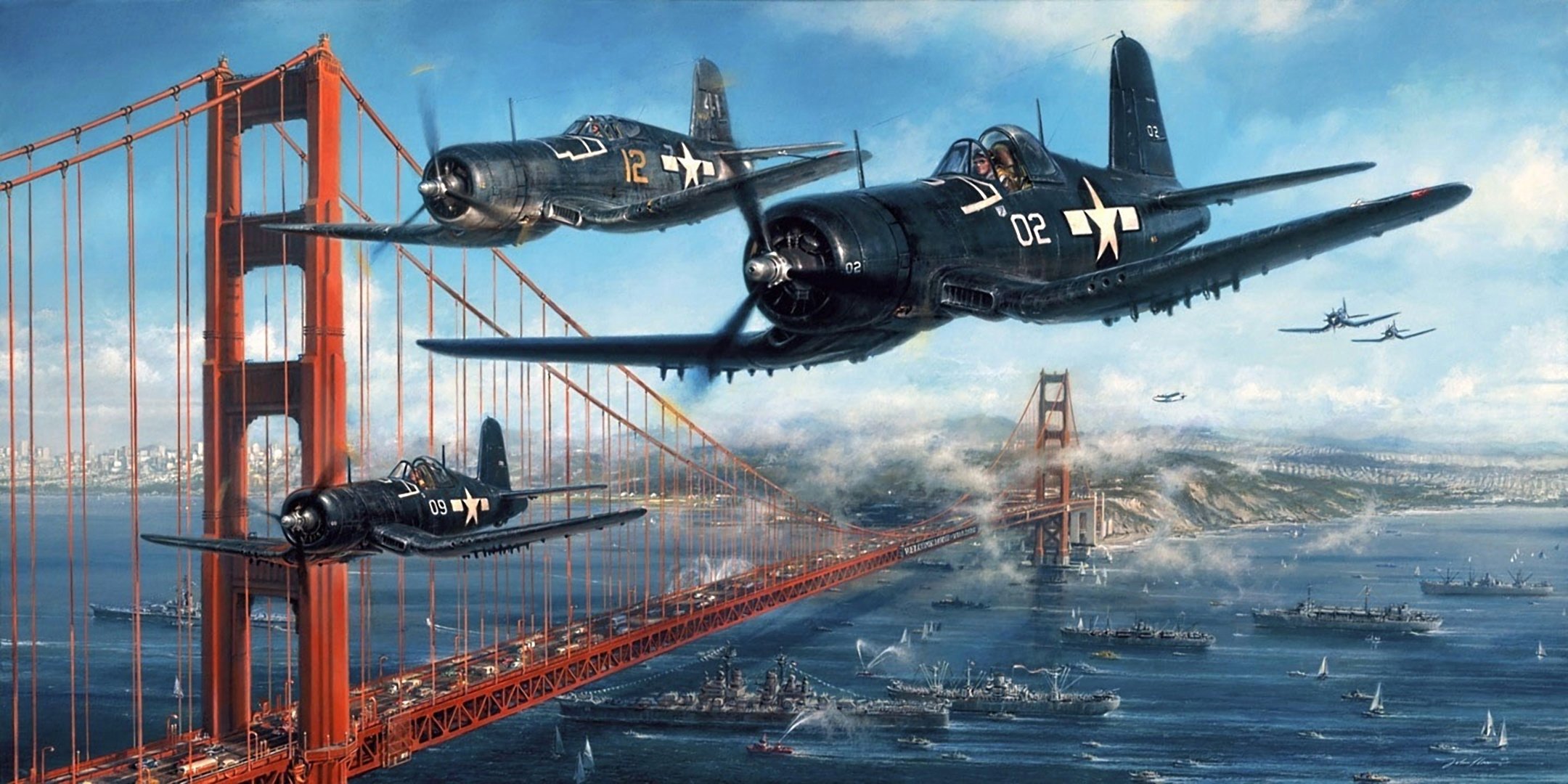 rysunek john d. shaw samolot myśliwiec pokładowy chance-vought f4u corsair chance vought f4u corsair usaf cieśnina most golden gate statki