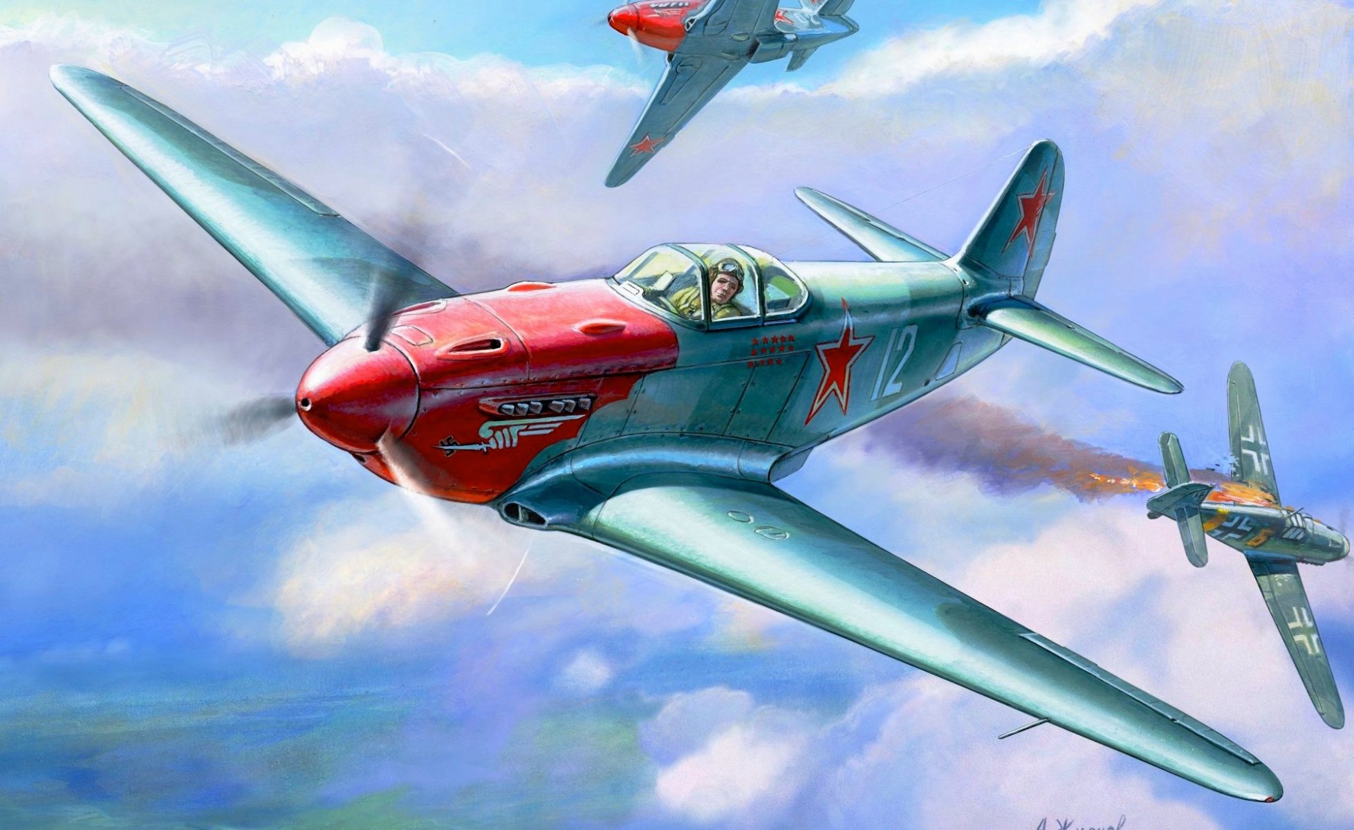 dibujo zhirnov combate aéreo avión caza yak-3 okb yakovlev urss segunda guerra mundial