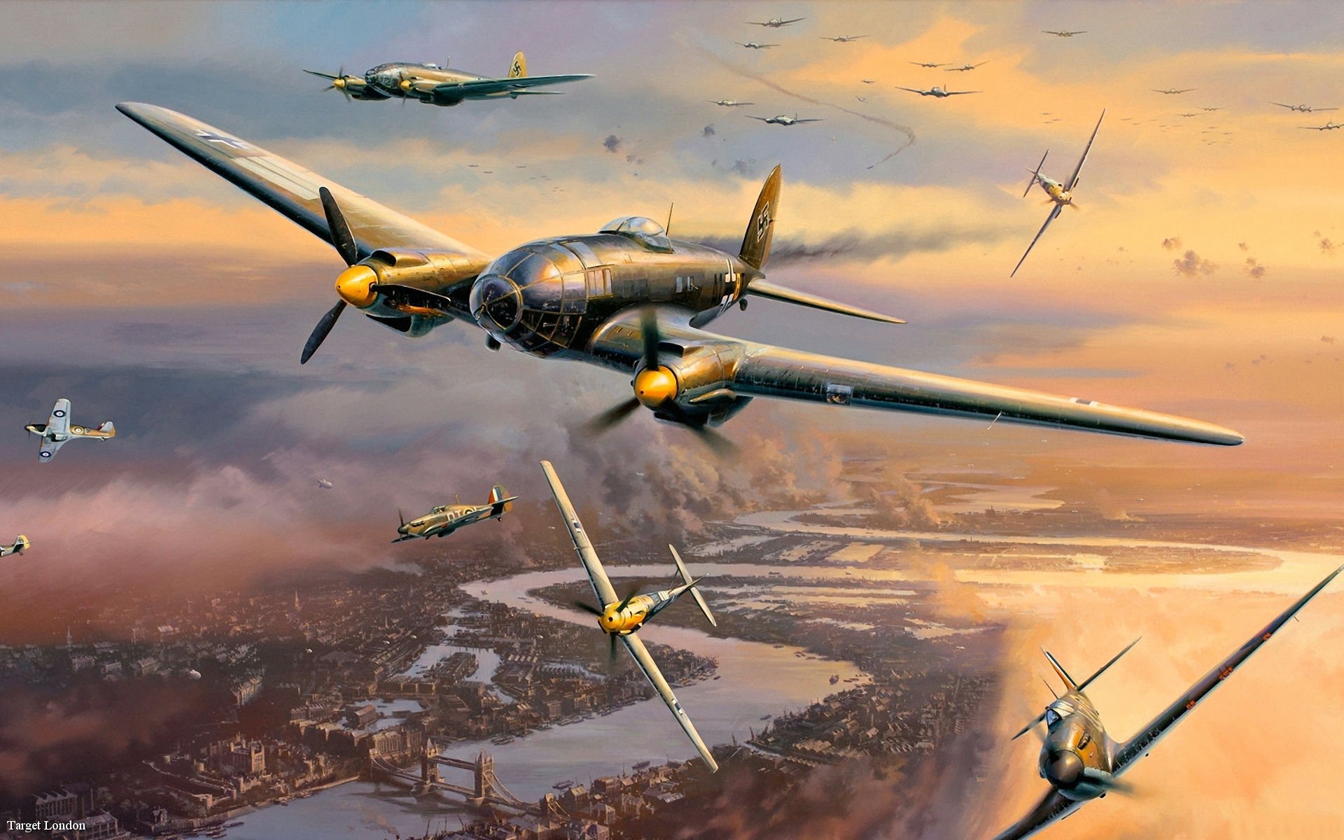 segunda guerra mundial batalla de londres batallas aéreas luftwaffe : heinkel he 111 p 1 messerschmitt bf.109f supermarine spitfire mk.xii británicos alemanes aviones aviación arte