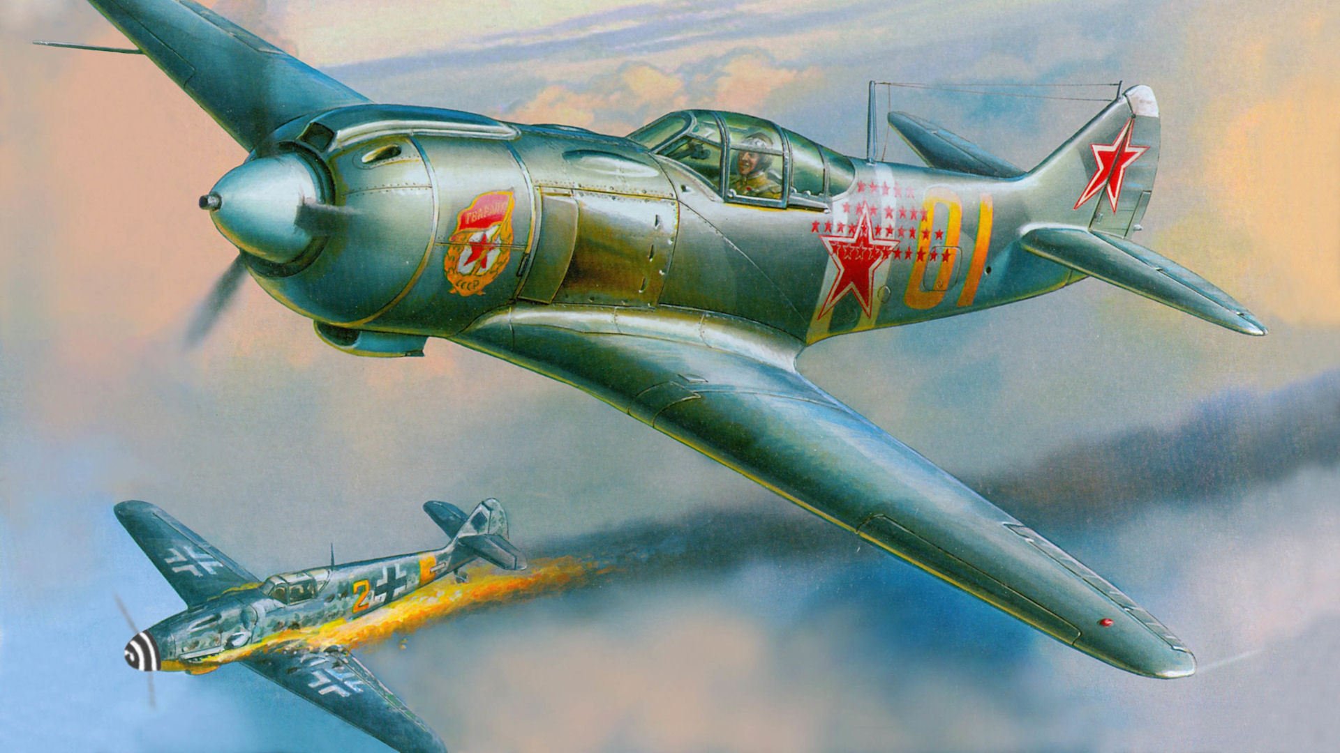 la-5fn lavochkin bf.109g messerschmitt battaglia au colpito fuoco fuoco kaput