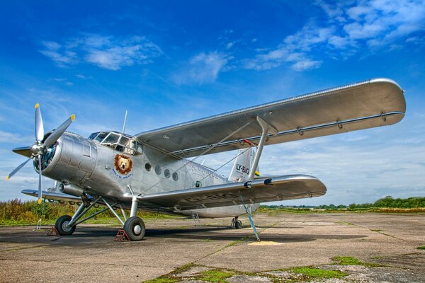 The silver plane is at the airfield