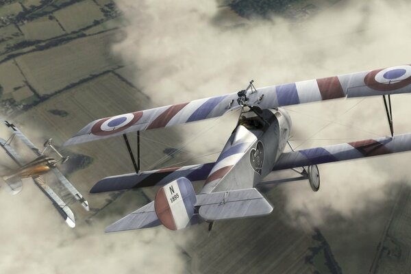 Avión francés en el cielo sobre los campos