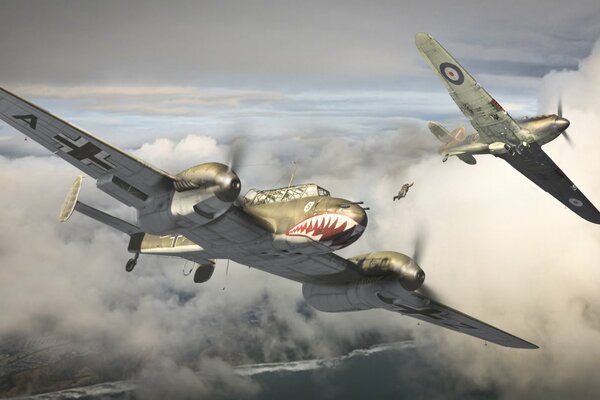 Two bombers fly through the clouds