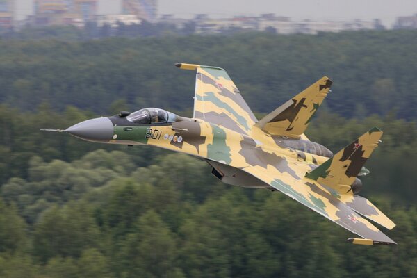 El avión su-35 vuela sobre el bosque