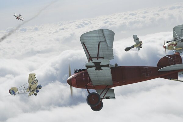 A battle between five biplanes