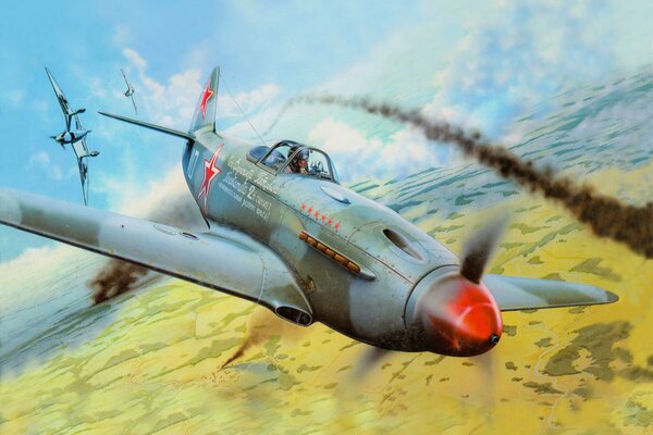 Zeichnung des sowjetischen Flugzeugs Yak-3 im Kampf