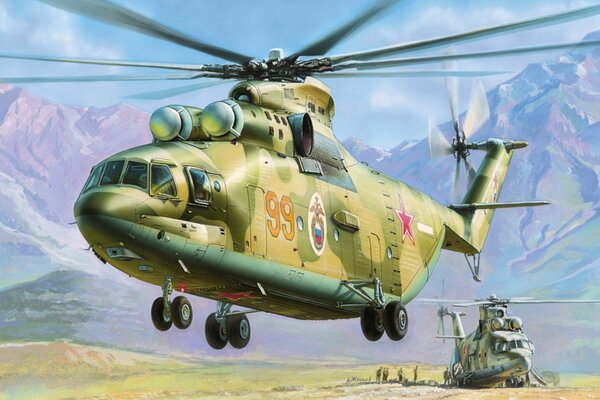 Disegno del leggendario elicottero sovietico Mi-26 sullo sfondo delle montagne