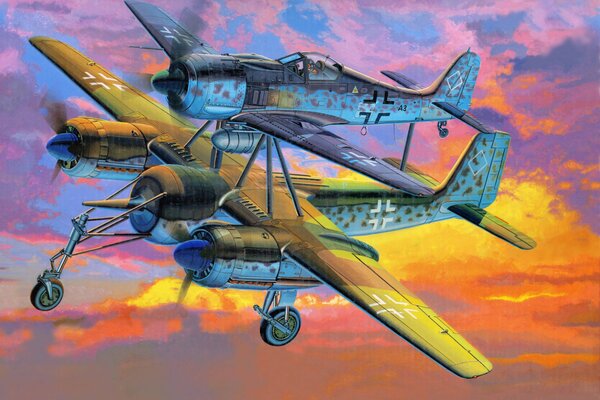 Focke Wulf and Messer together against the sunset