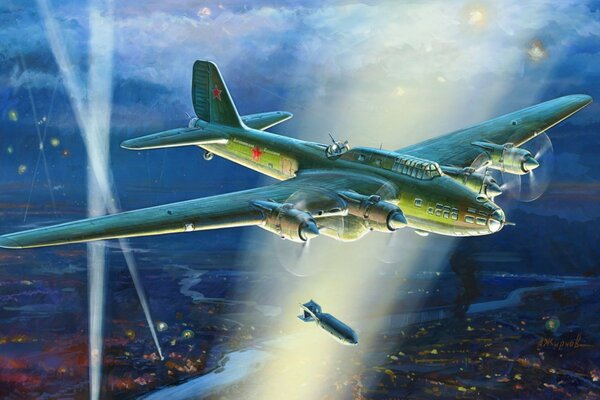 A Soviet bomber plane that dropped a bomb on a night city