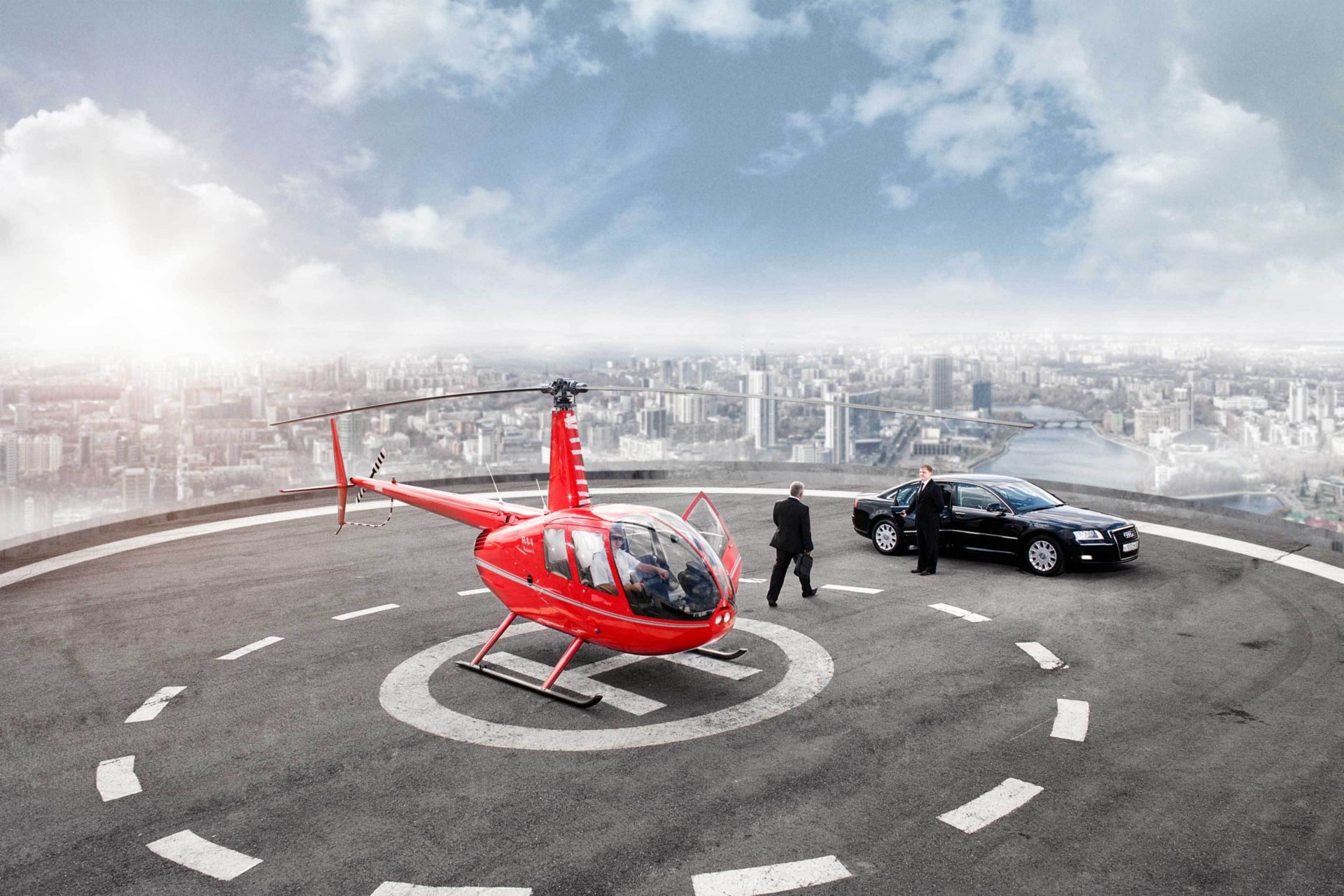 audi audi lądowisko dla helikopterów miasto rzeka krajobraz photoshop biznesmen tapeta