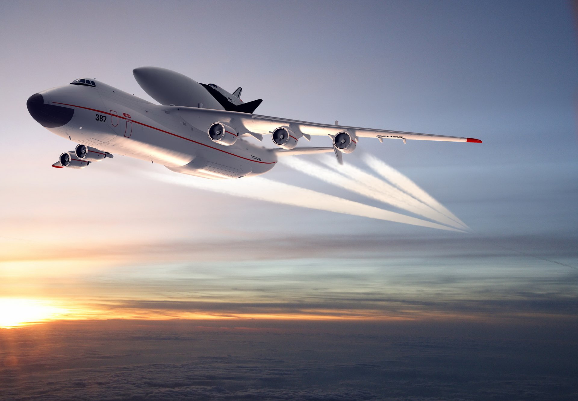 en-225 mriya plane storm flight sky clouds horizon sunset