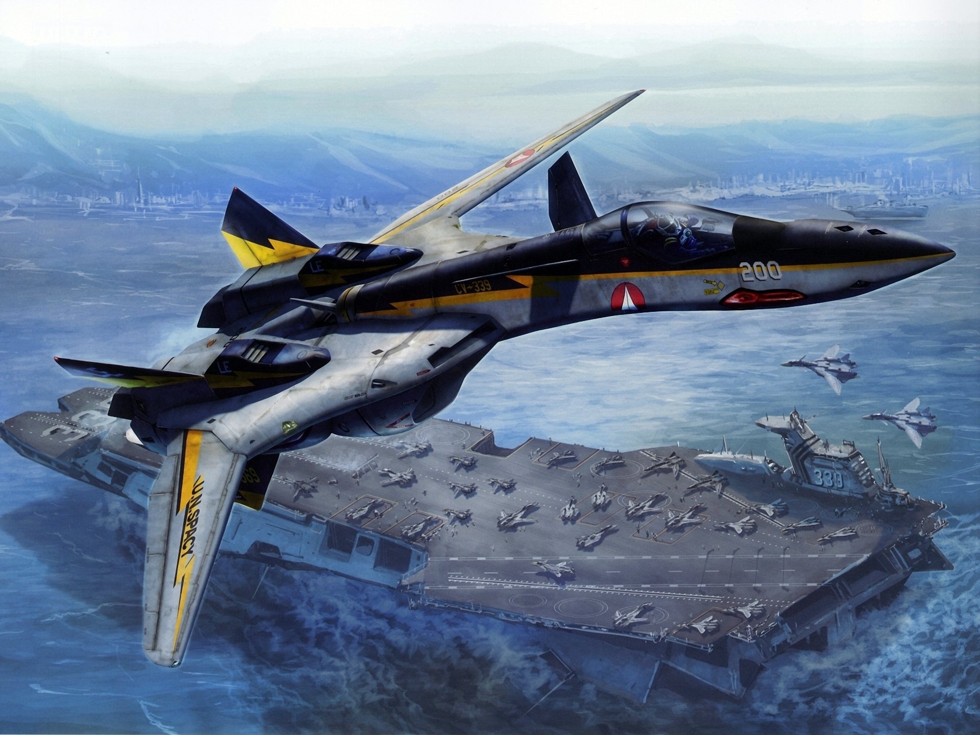 macross avion combattant porte-avions navire mer ville montagnes