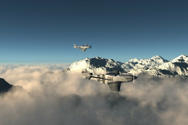 Mustang planes in the open sky near the top of the mountain